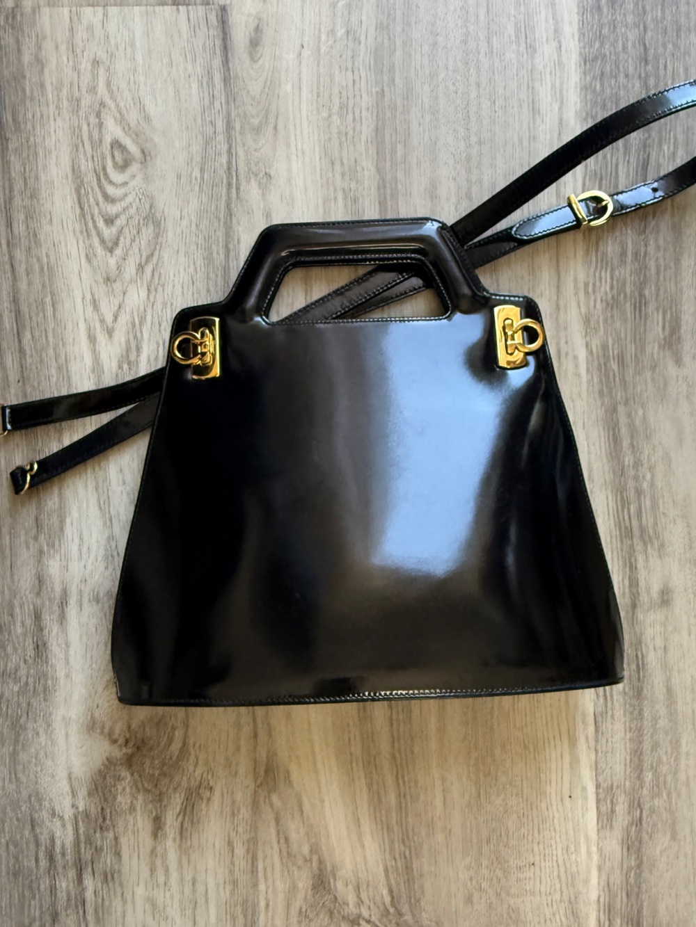 Salvatore Ferragamo Gancini Black Patent Leather Top Handle Bag -vintage